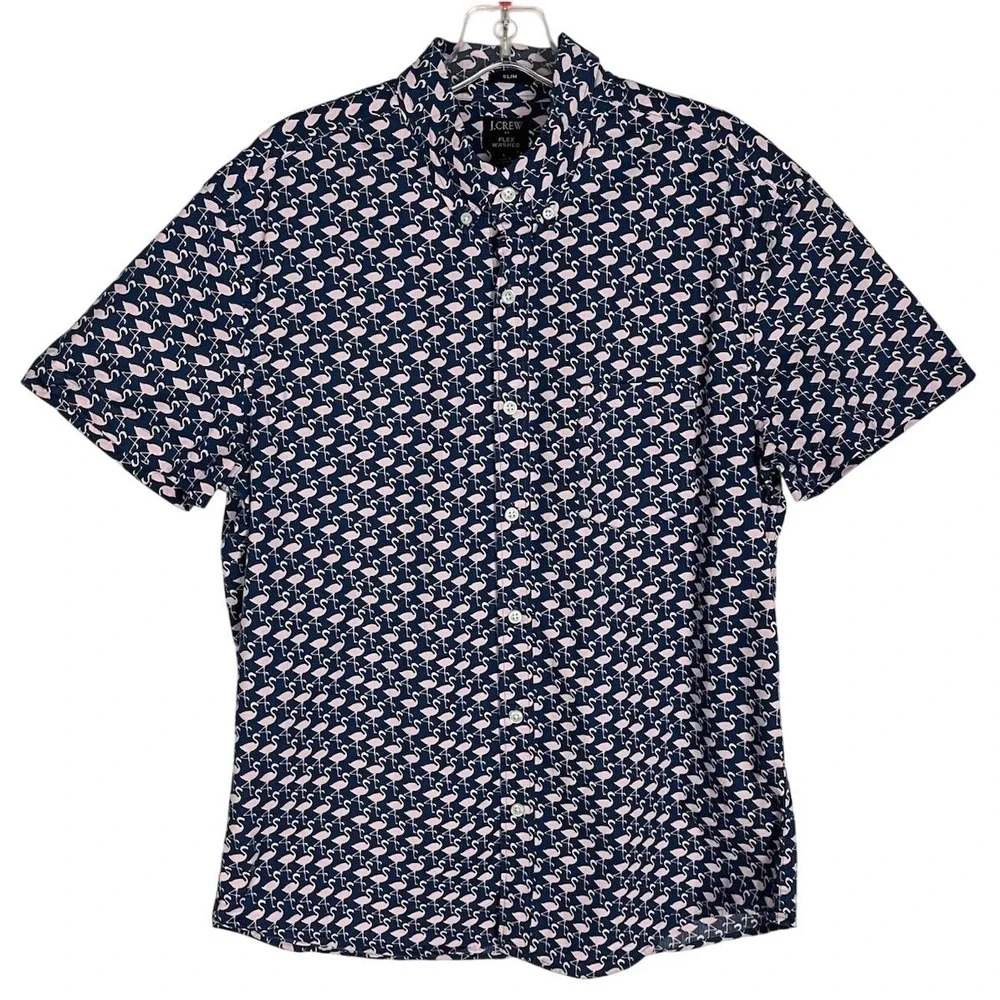 J.Crew Shirt Size L Flex Washed Blue Flamingo Slim Fit Button Down Pocket Preppy